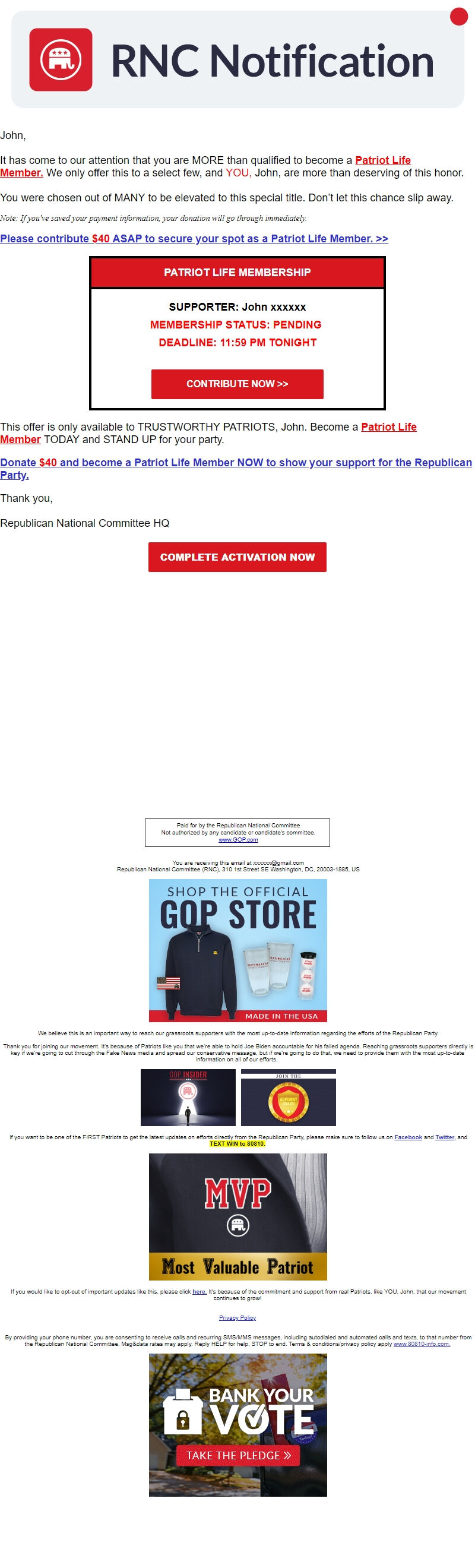 Screenshot of the email generated on import