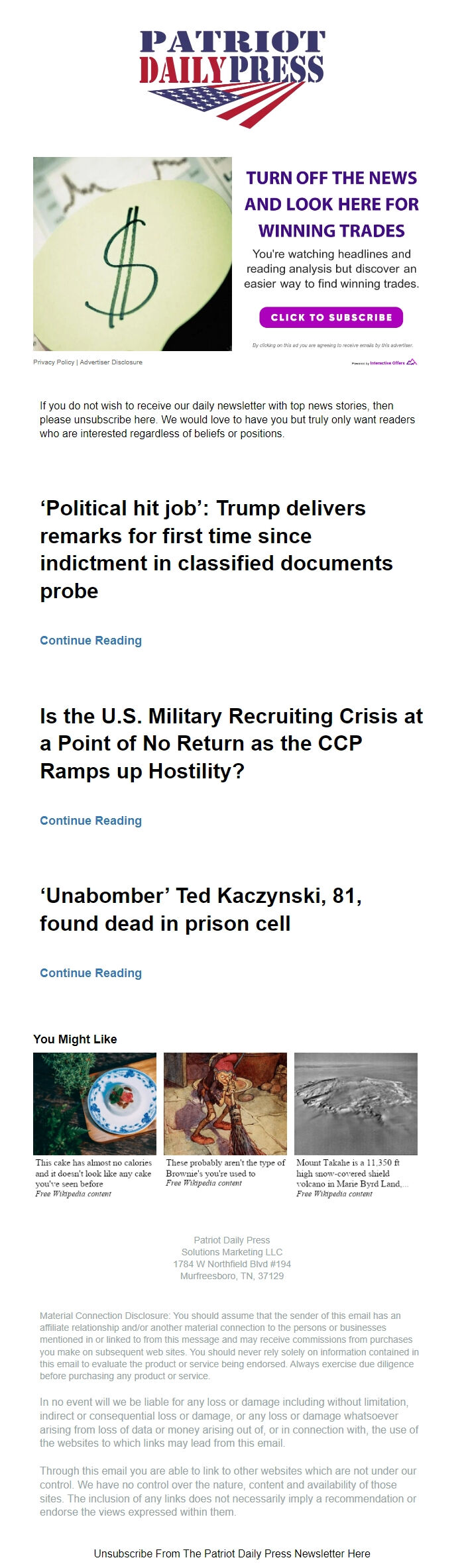 Screenshot of the email generated on import