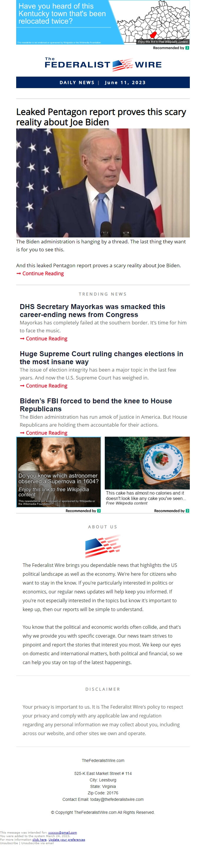 Screenshot of the email generated on import