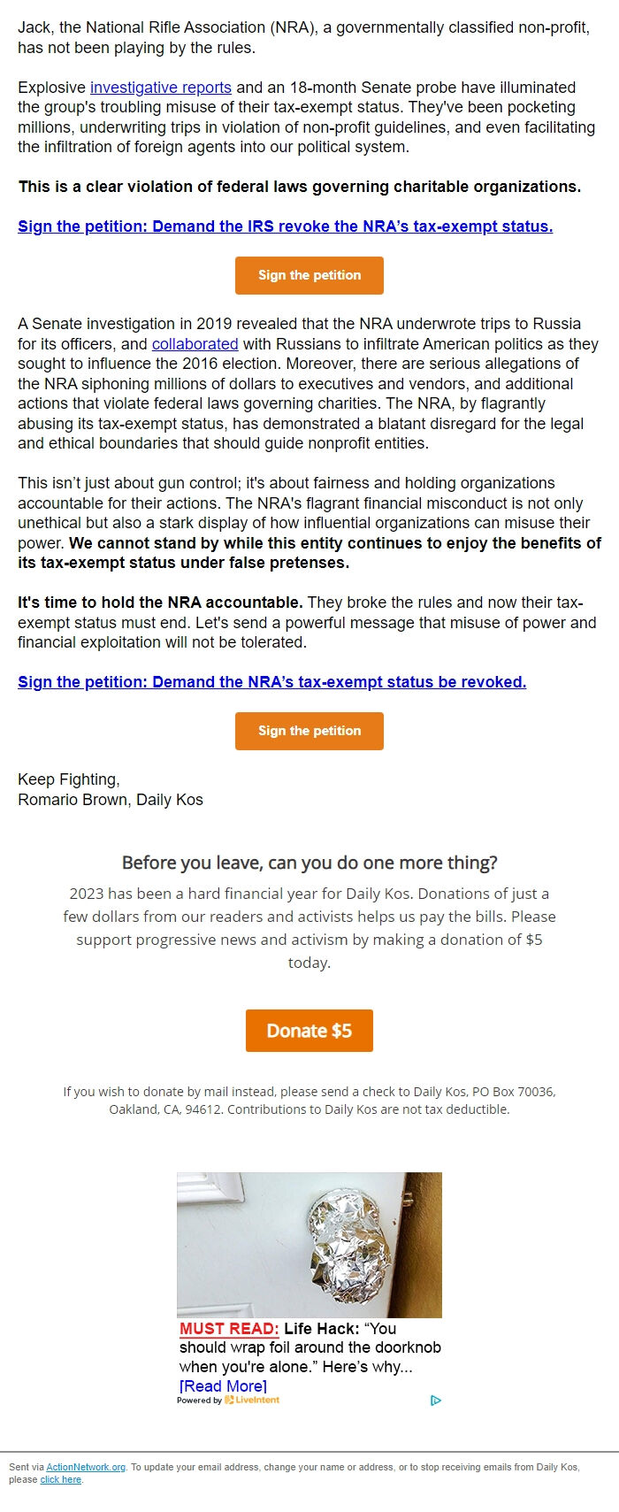 Screenshot of the email generated on import