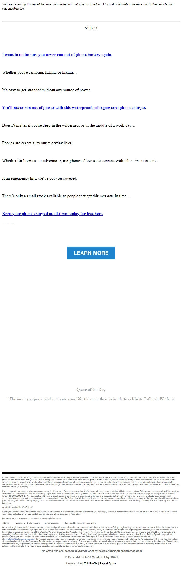 Screenshot of the email generated on import