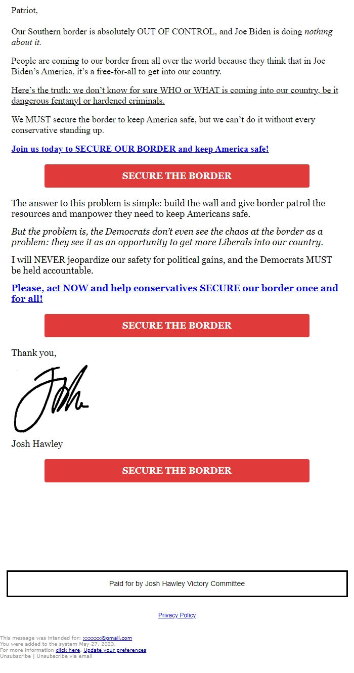 Screenshot of the email generated on import