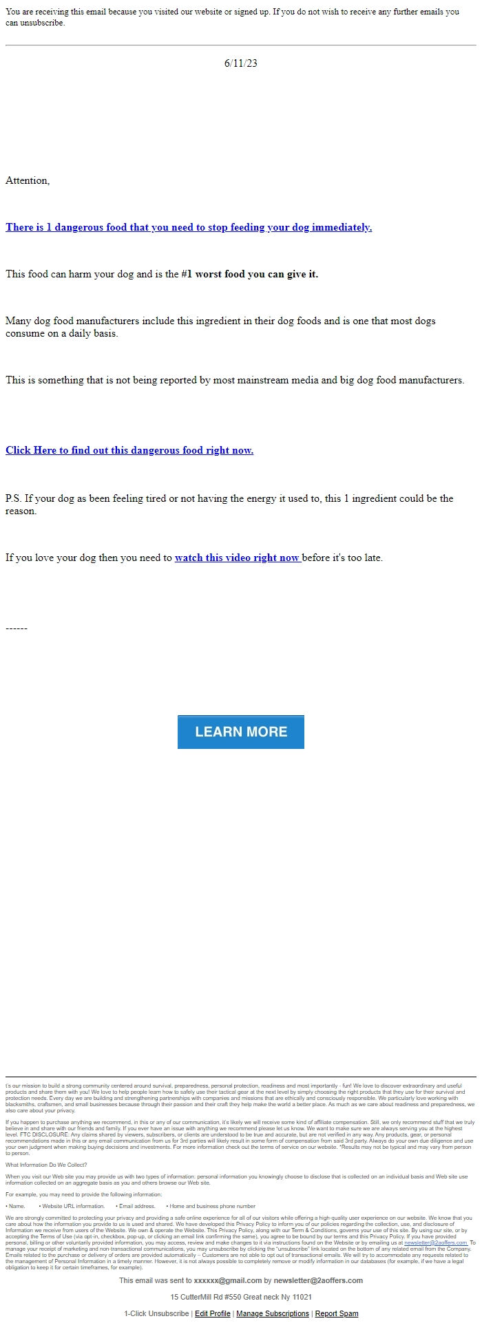 Screenshot of the email generated on import