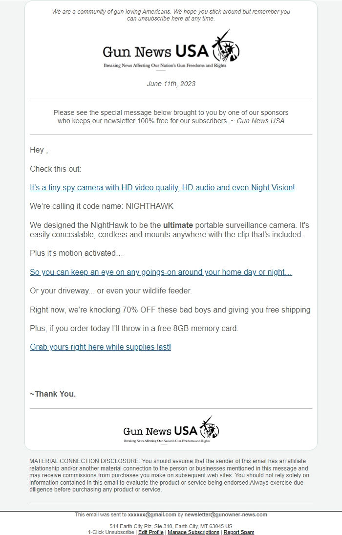 Screenshot of the email generated on import