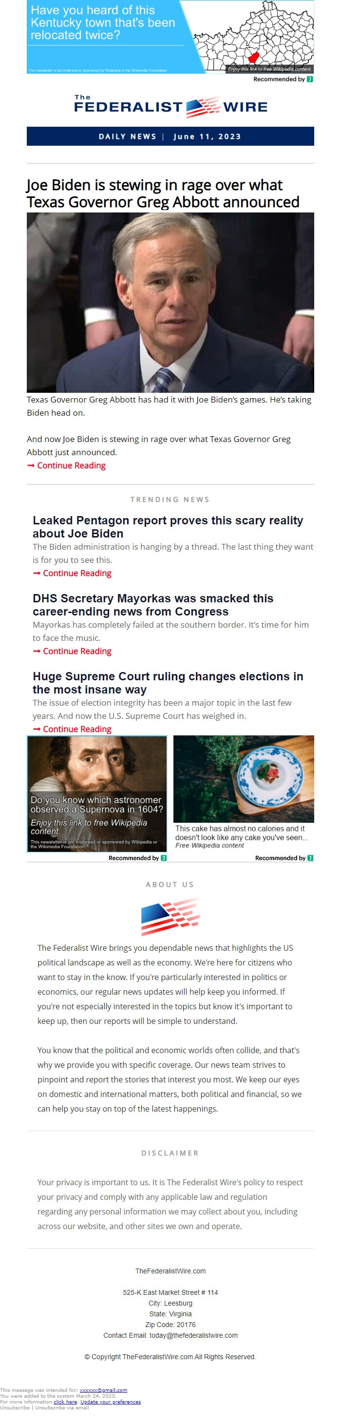 Screenshot of the email generated on import