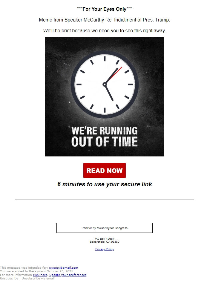 Screenshot of the email generated on import