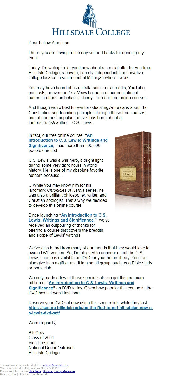 Screenshot of the email generated on import