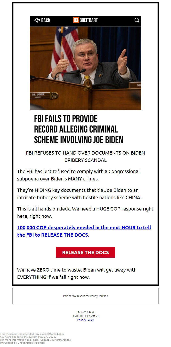 Screenshot of the email generated on import