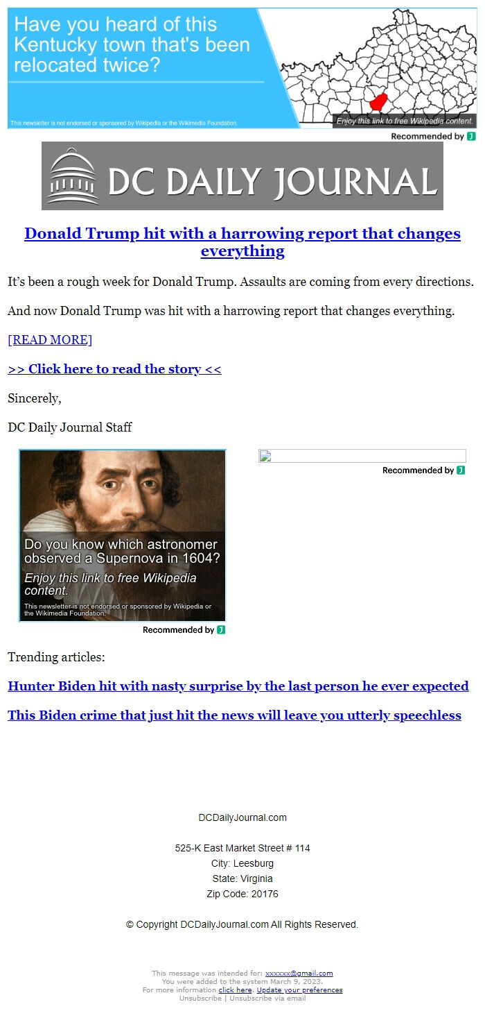 Screenshot of the email generated on import