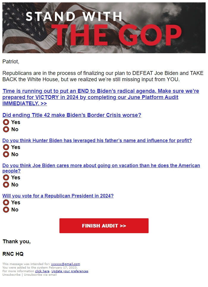 Screenshot of the email generated on import