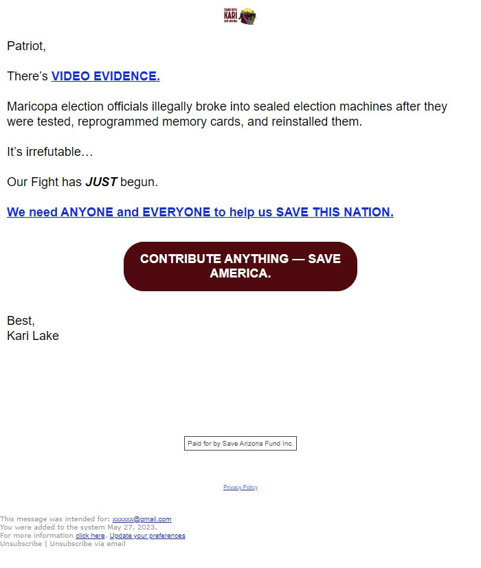 Screenshot of the email generated on import