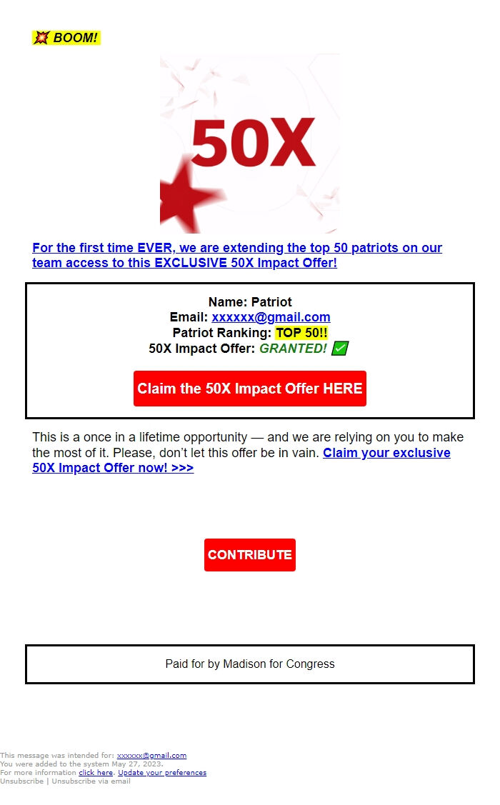 Screenshot of the email generated on import