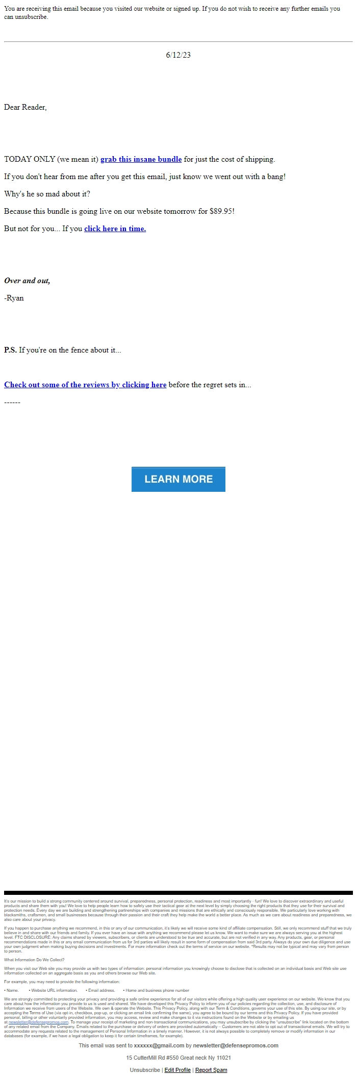 Screenshot of the email generated on import