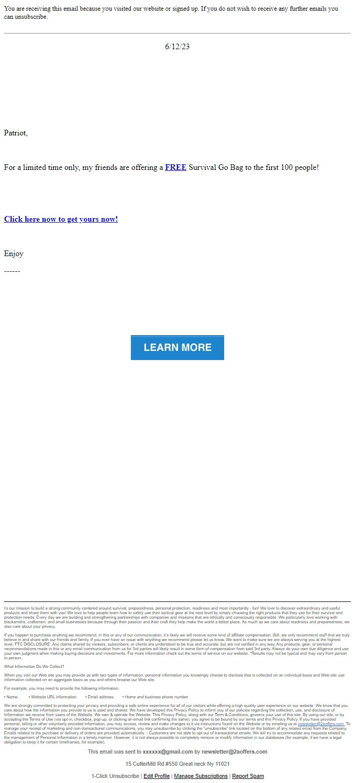 Screenshot of the email generated on import