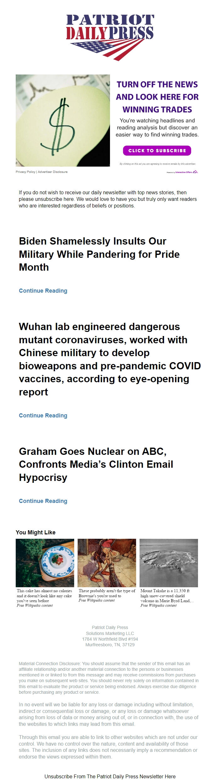 Screenshot of the email generated on import