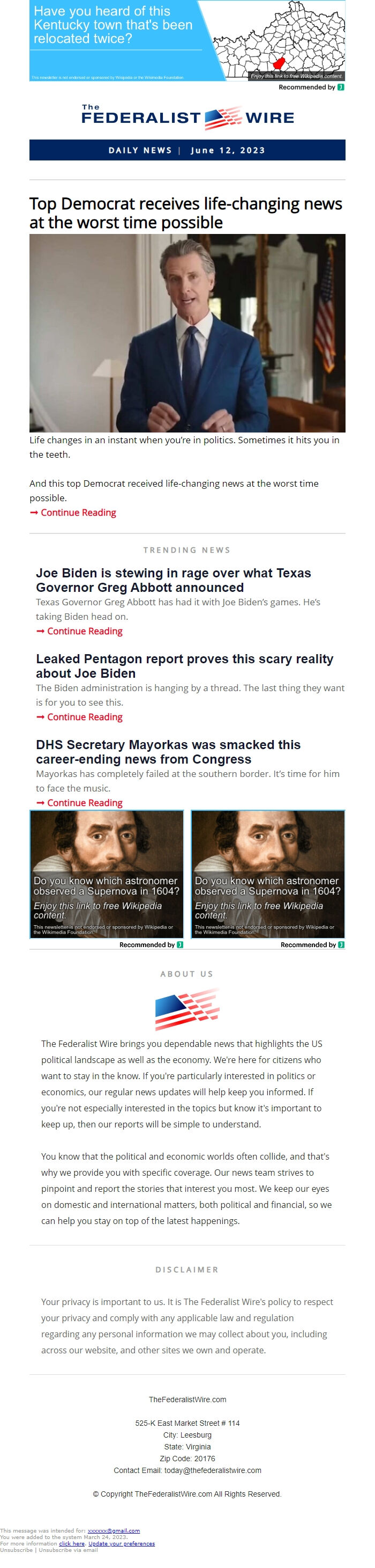 Screenshot of the email generated on import