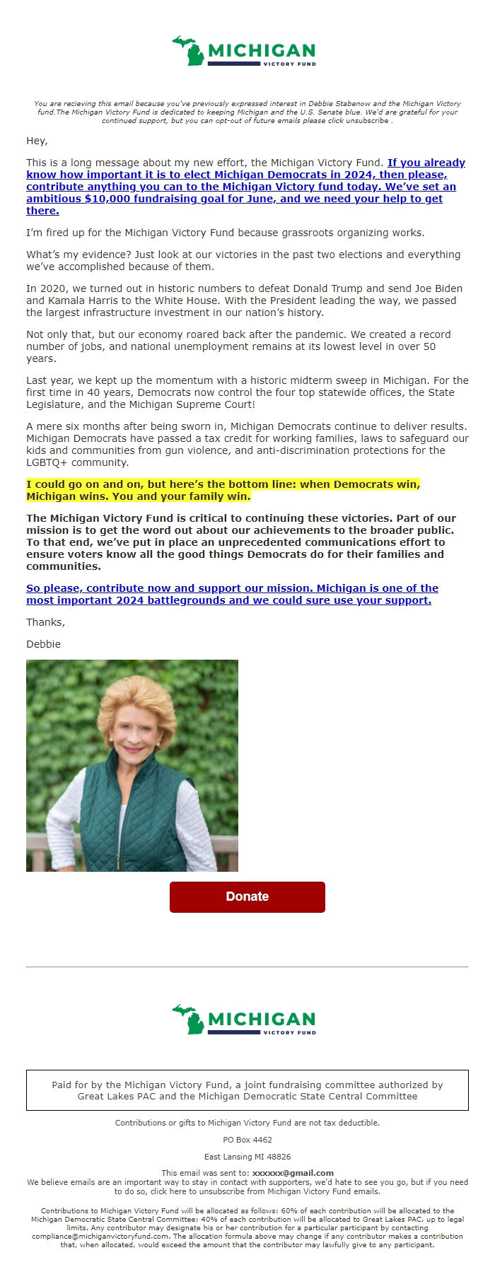 Screenshot of the email generated on import