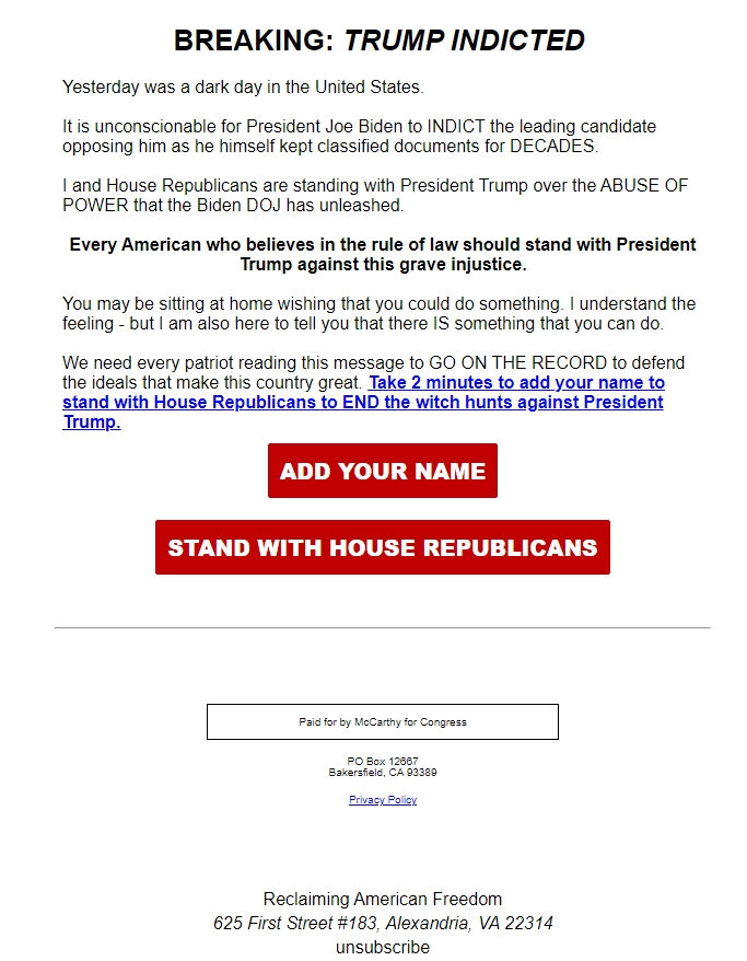 Screenshot of the email generated on import