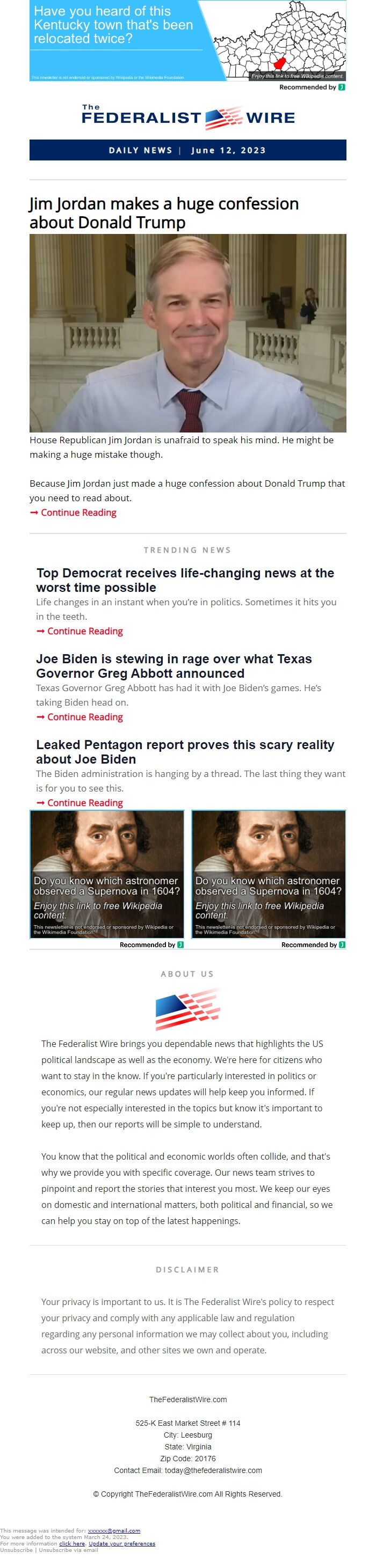 Screenshot of the email generated on import