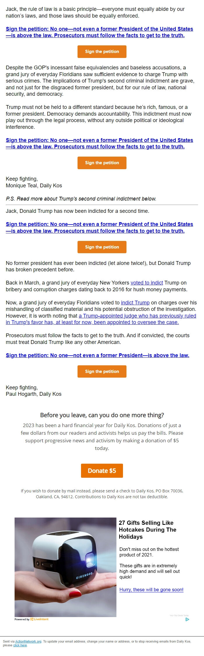 Screenshot of the email generated on import