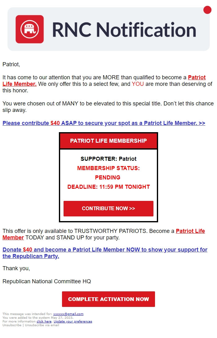 Screenshot of the email generated on import