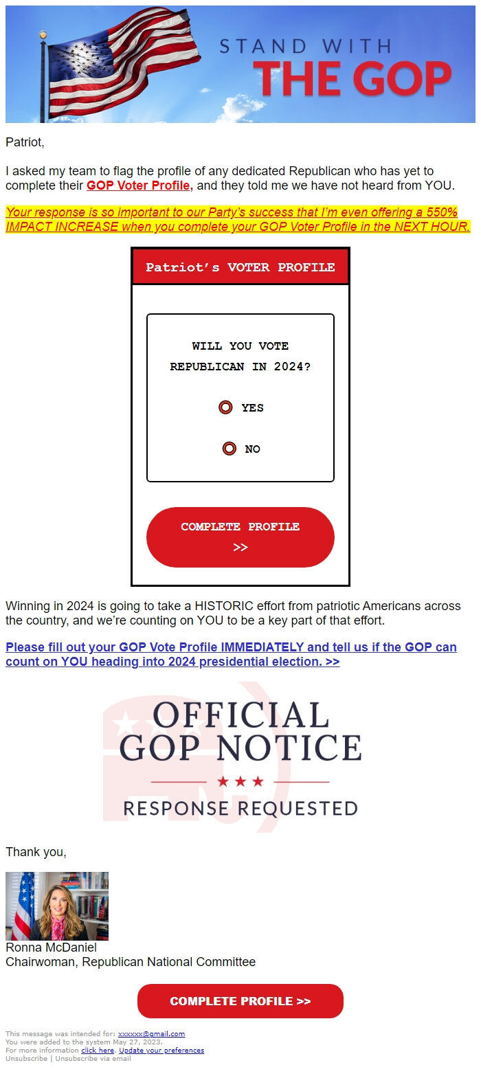 Screenshot of the email generated on import