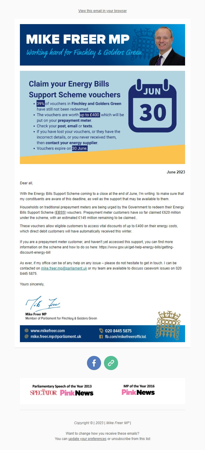 Screenshot of the email generated on import