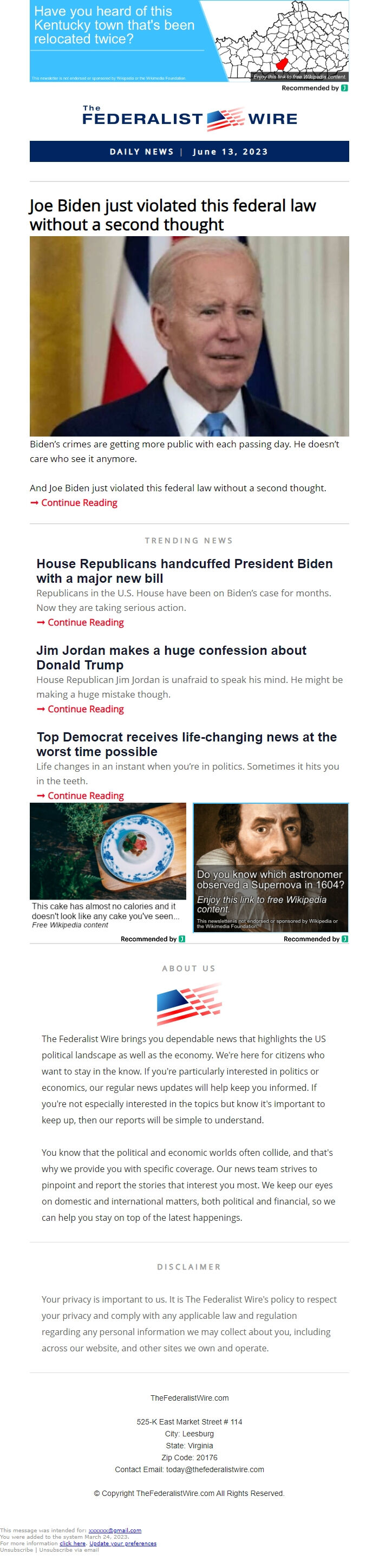 Screenshot of the email generated on import