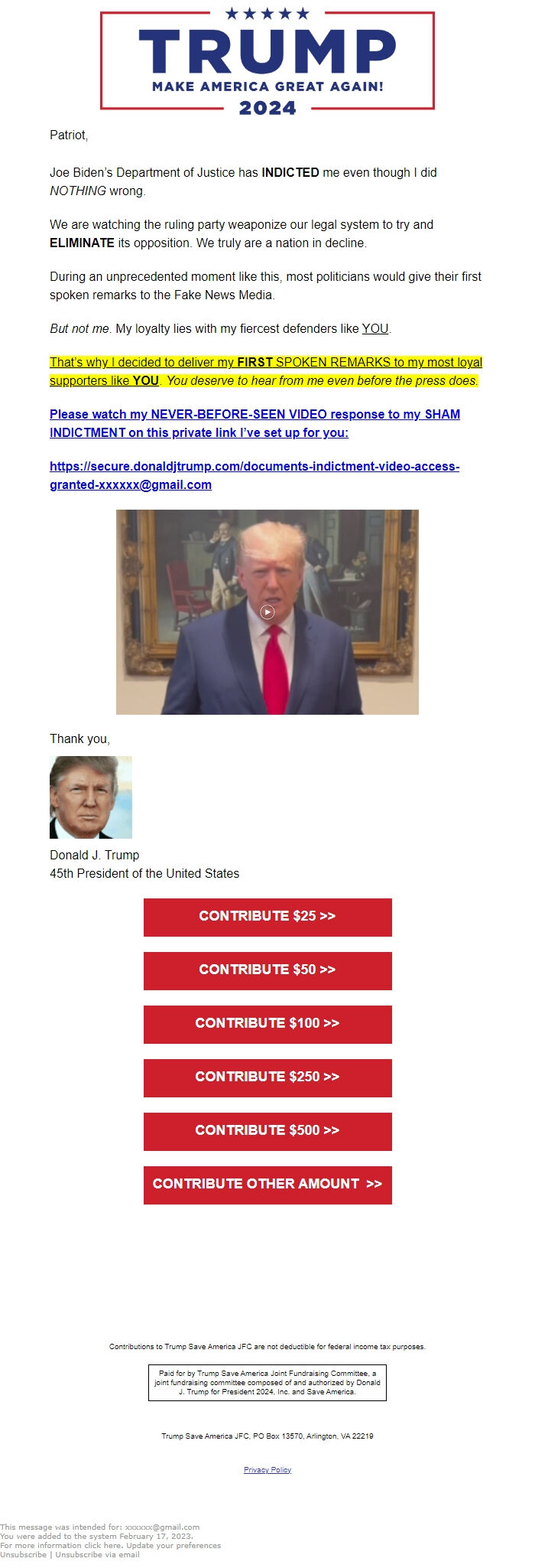 Screenshot of the email generated on import