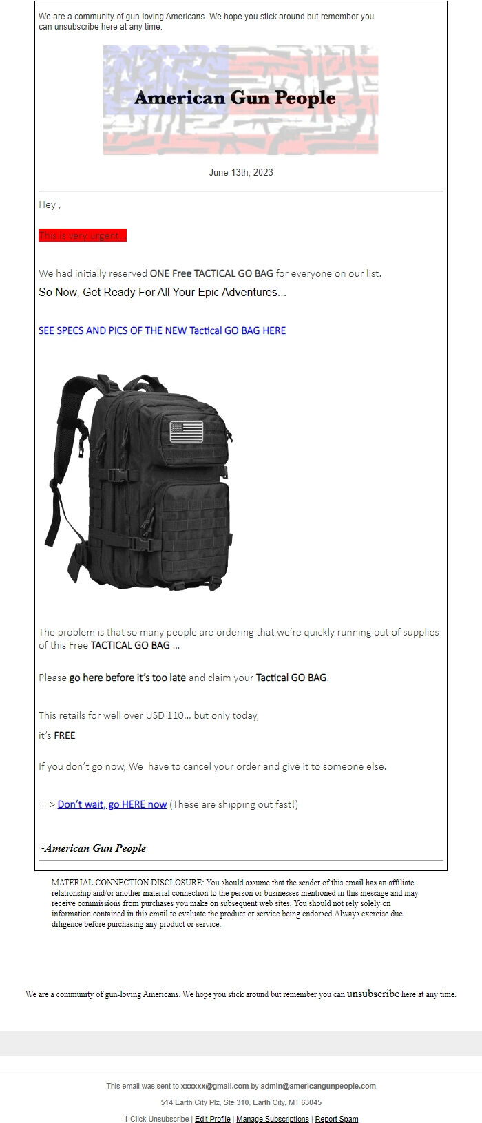 Screenshot of the email generated on import