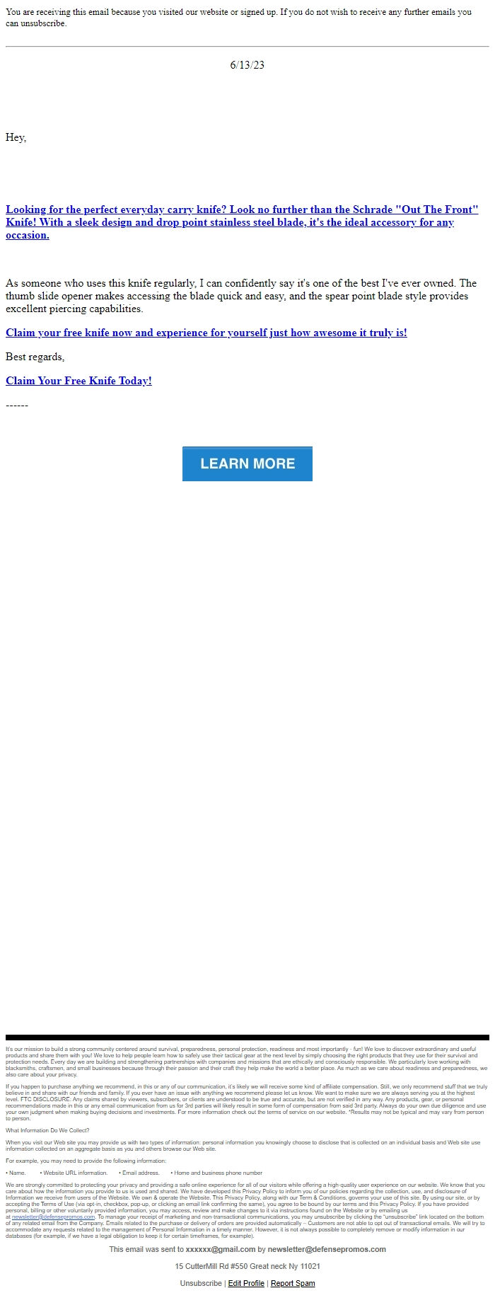 Screenshot of the email generated on import