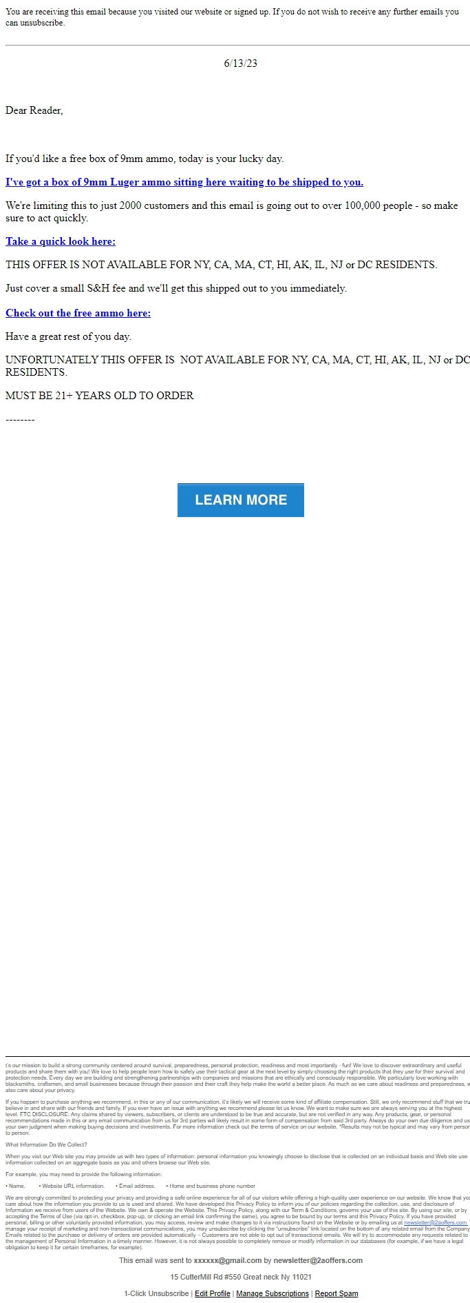 Screenshot of the email generated on import