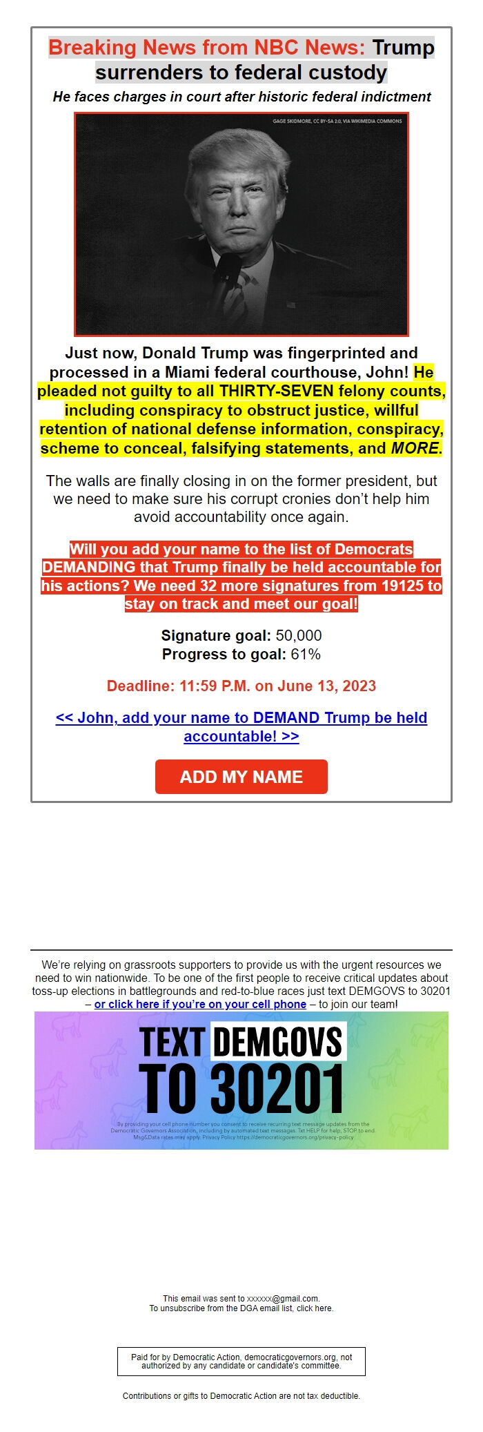 Screenshot of the email generated on import