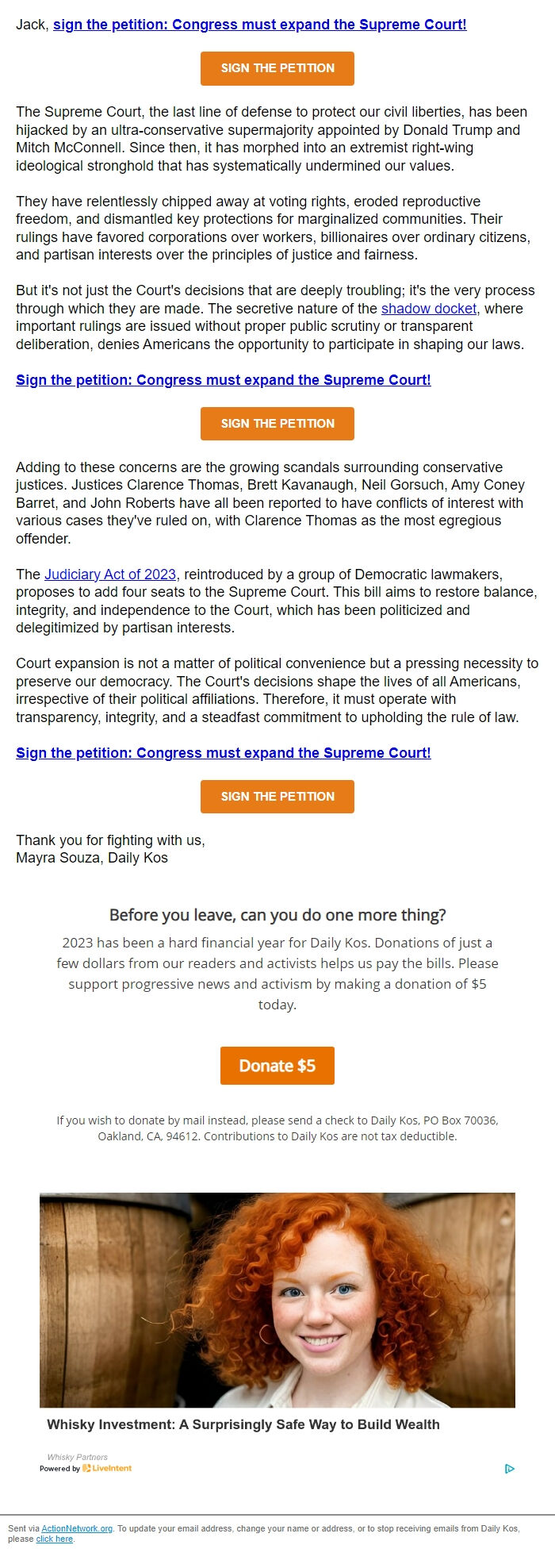 Screenshot of the email generated on import