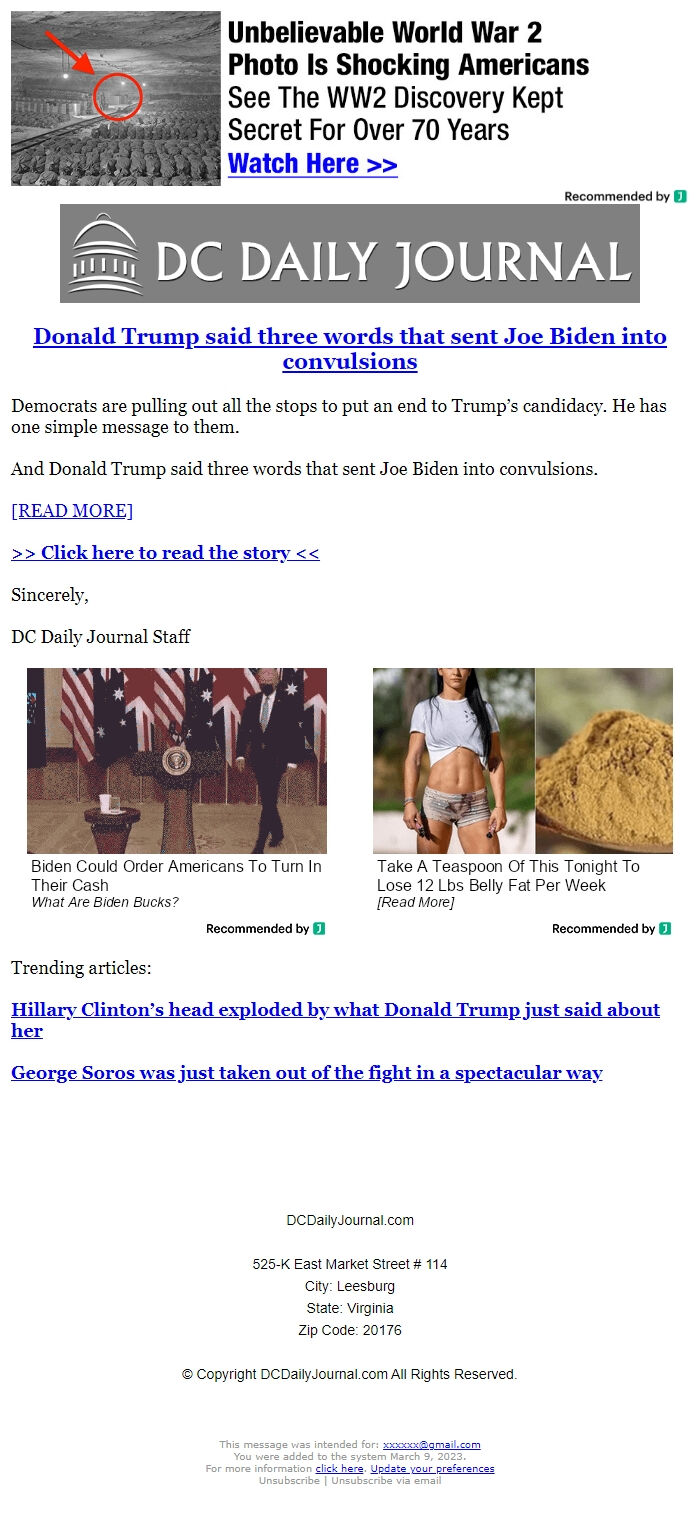 Screenshot of the email generated on import