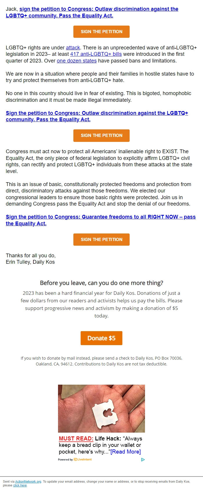 Screenshot of the email generated on import