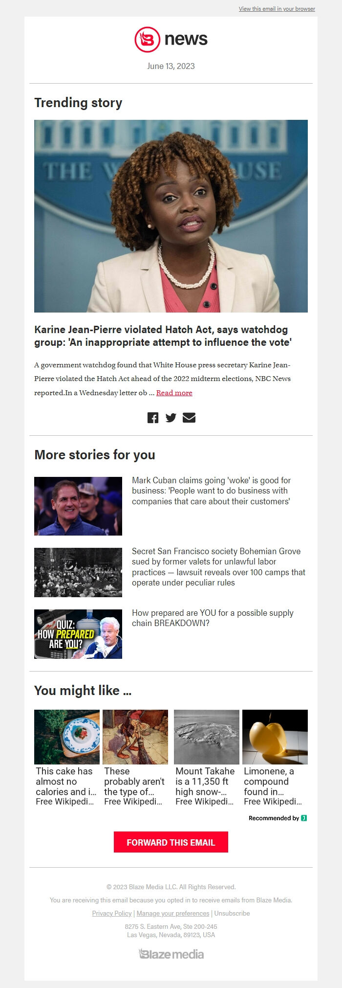 Screenshot of the email generated on import