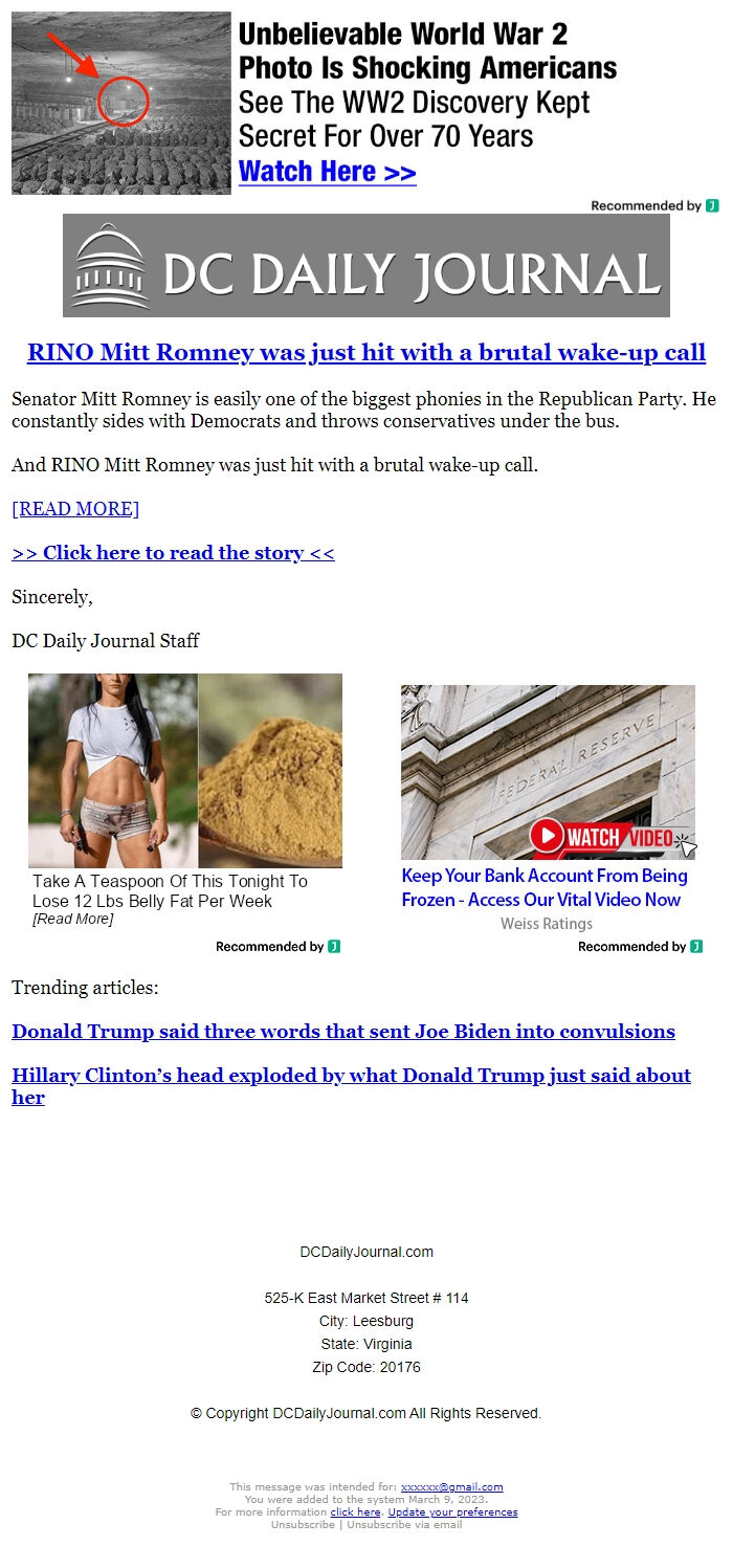 Screenshot of the email generated on import