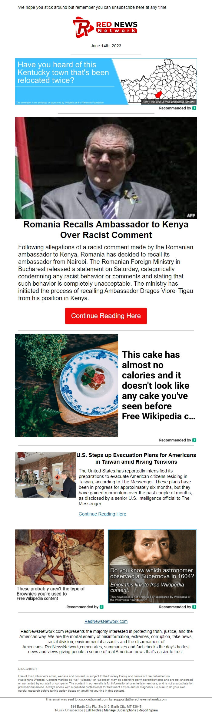 Screenshot of the email generated on import