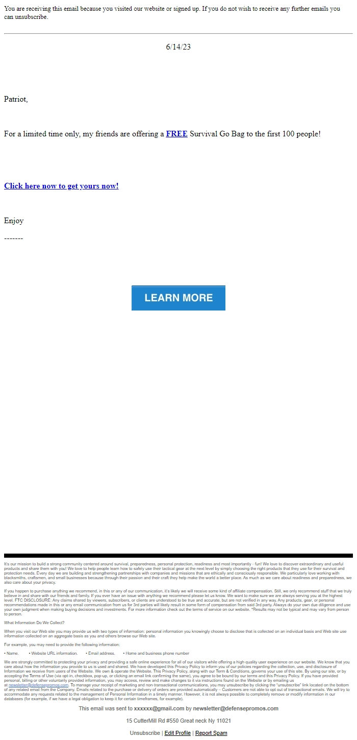 Screenshot of the email generated on import