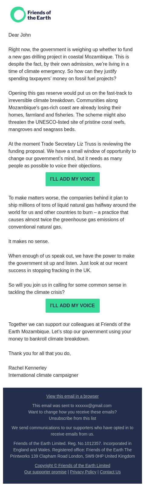 Screenshot of the email generated on import