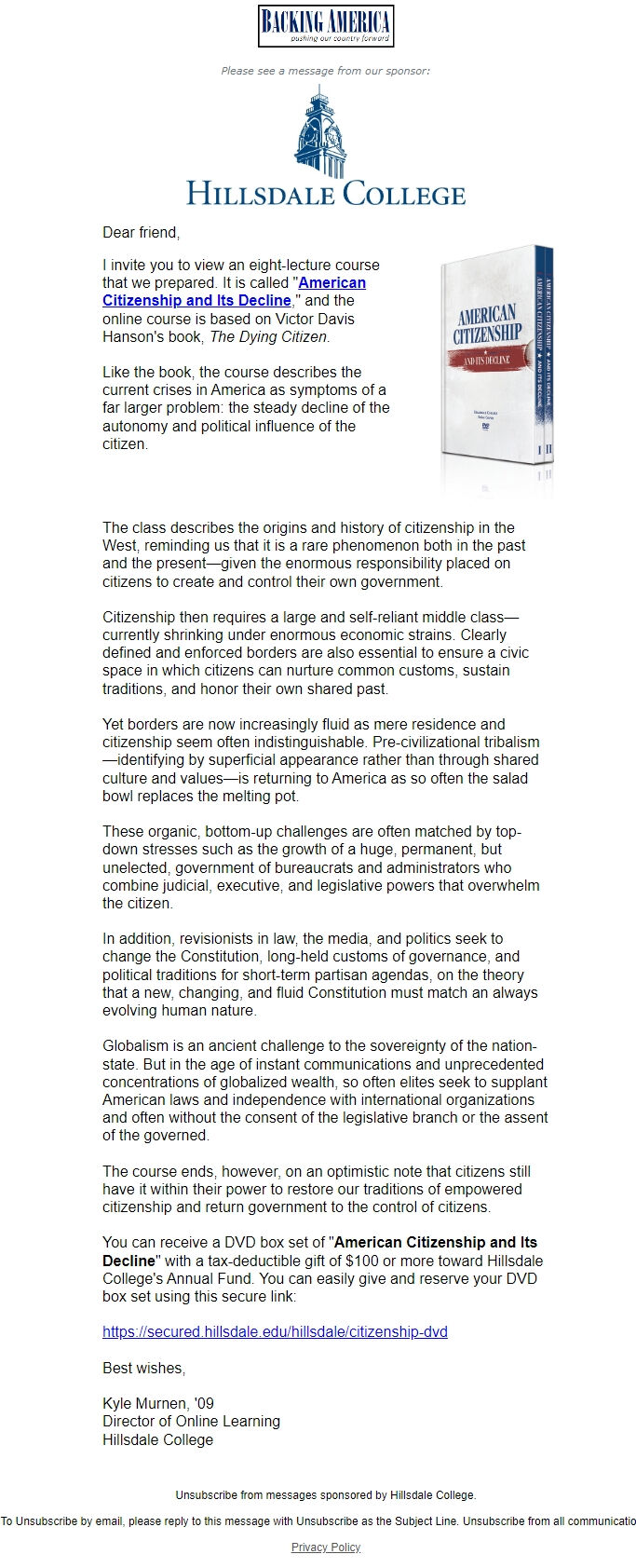 Screenshot of the email generated on import