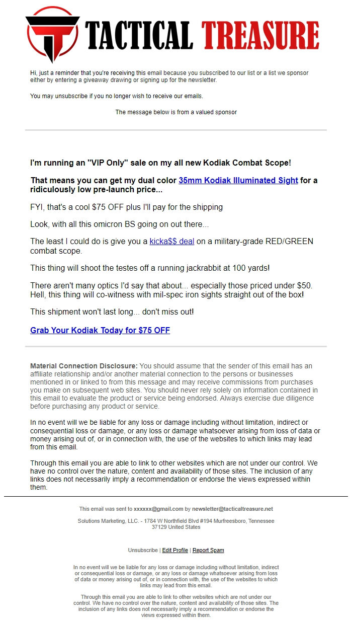 Screenshot of the email generated on import