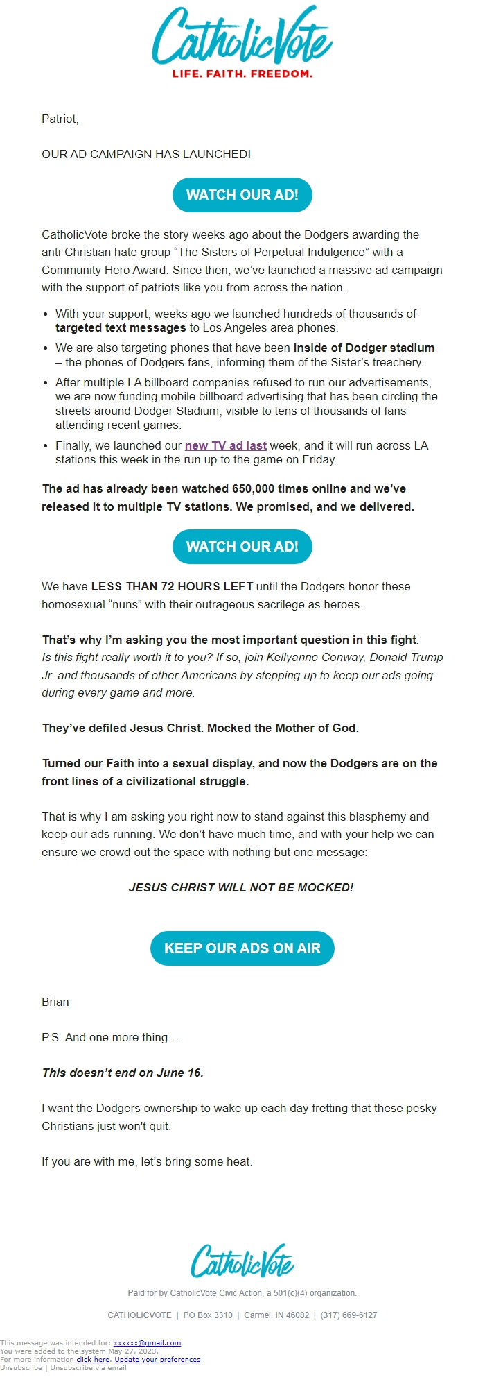 Screenshot of the email generated on import