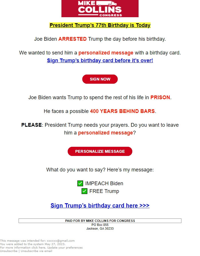 Screenshot of the email generated on import