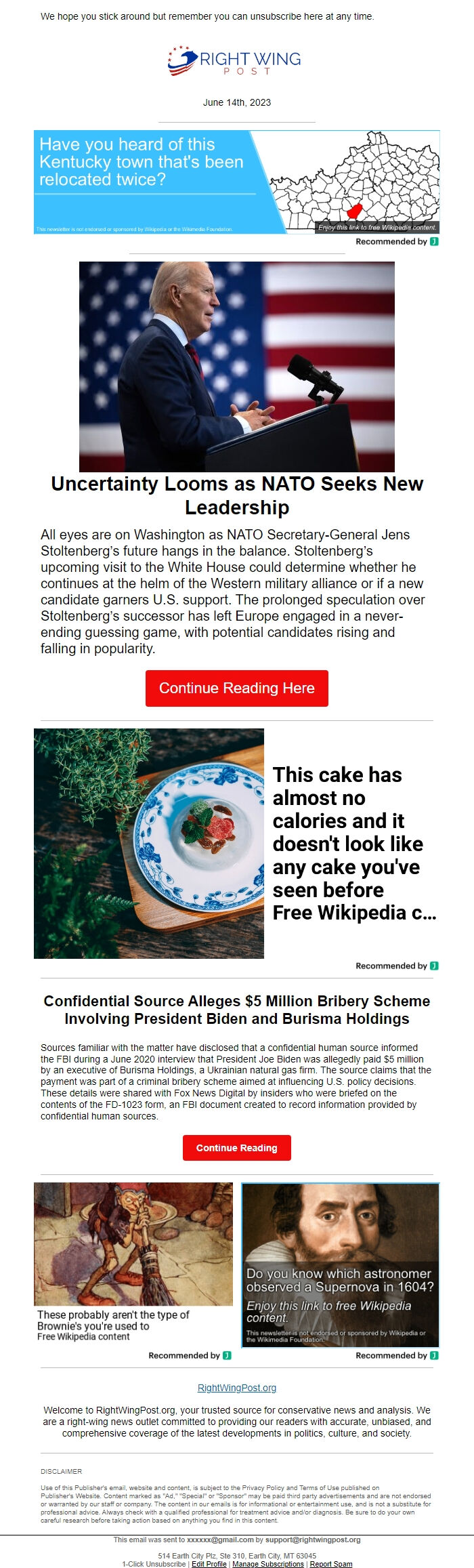 Screenshot of the email generated on import