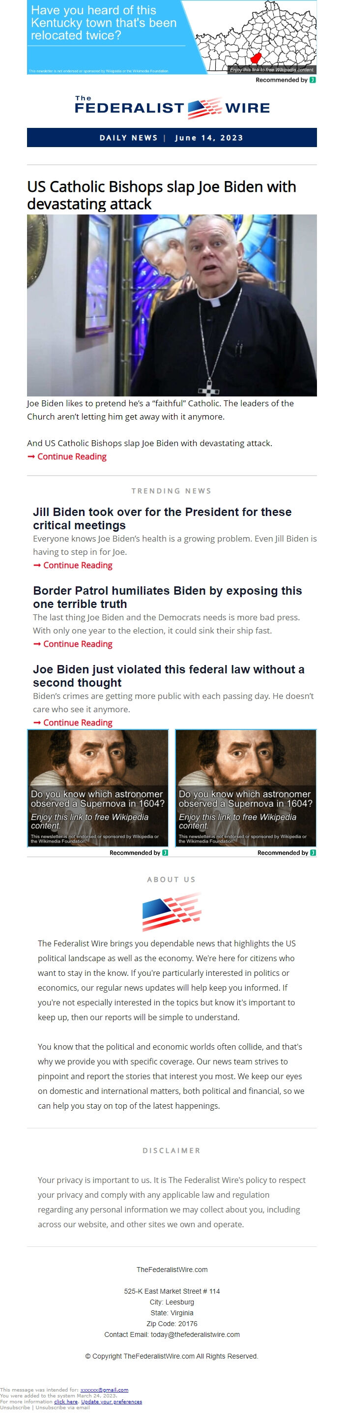 Screenshot of the email generated on import