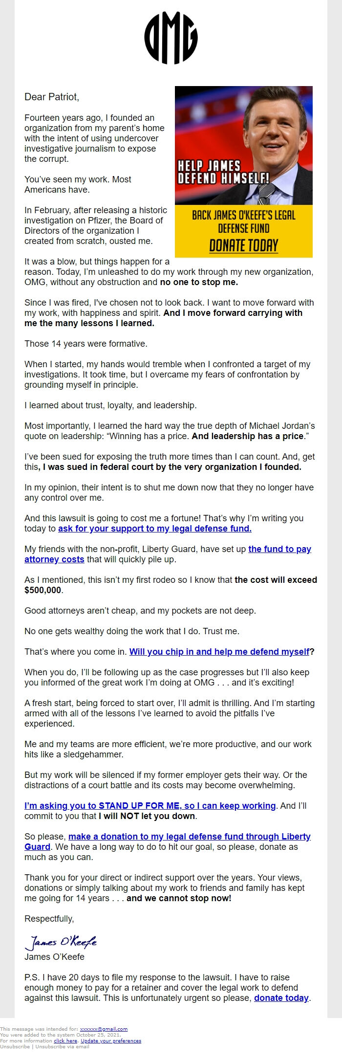 Screenshot of the email generated on import