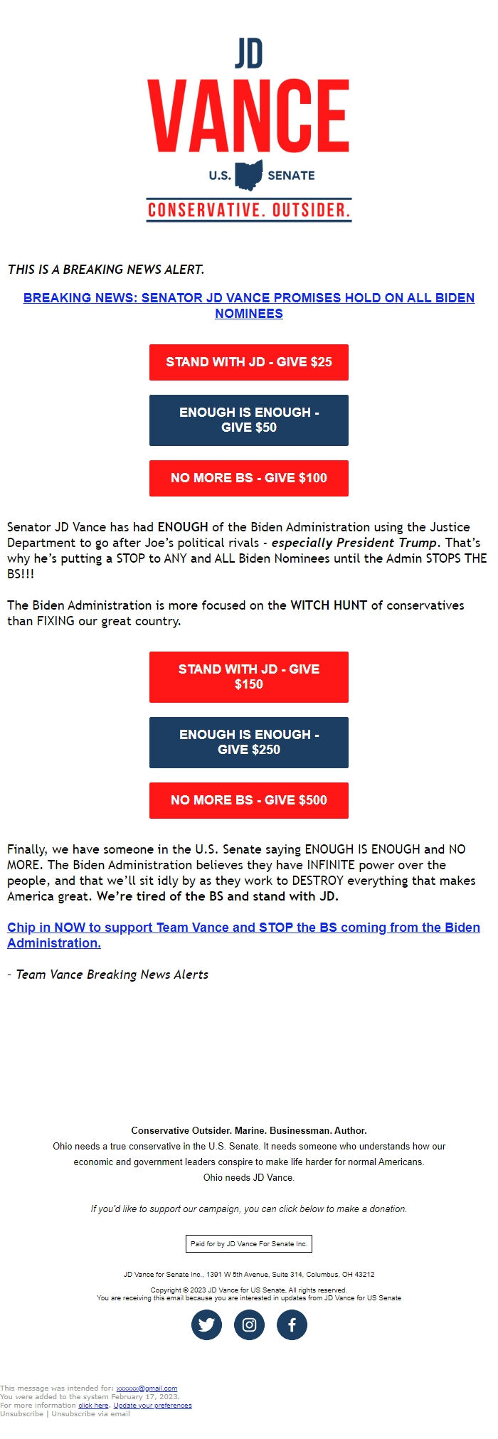 Screenshot of the email generated on import