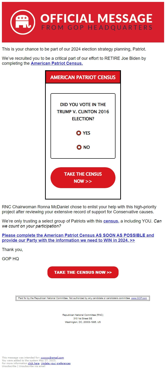 Screenshot of the email generated on import